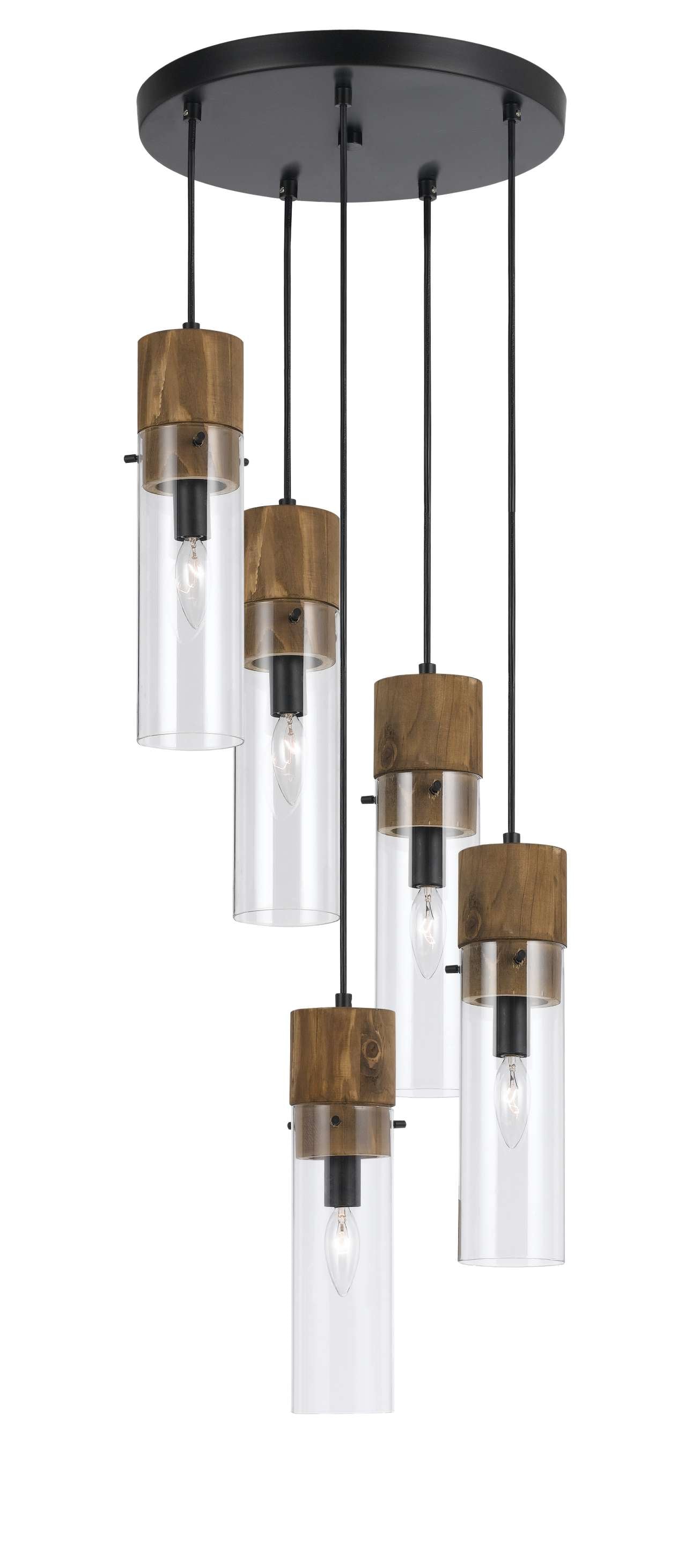 5 Bulb Wind Chime Design Pendant With Cylindrical Glass Shades, Black By Benzara | Chandeliers |  Modishstore 