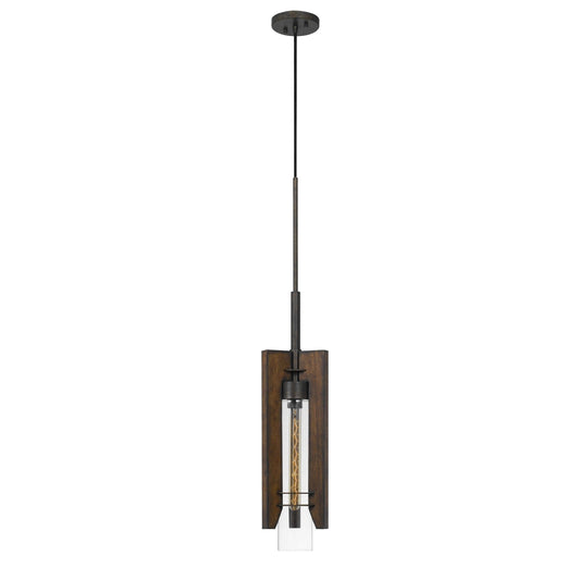 60 Watt Metal Frame Pendant Fixture With Wood And Glass Shade, Brown By Benzara | Chandeliers | Modishstore