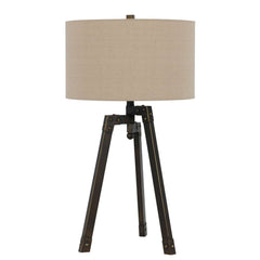 Metal Tripod Base Table Lamp With Fabric Drum Shade, Bronze And Beige By Benzara