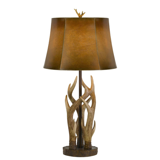 150 Watt Leatherette Shade Table Lamp With Antler Polyresin Base, Brown By Benzara | Desk Lamps | Modishstore