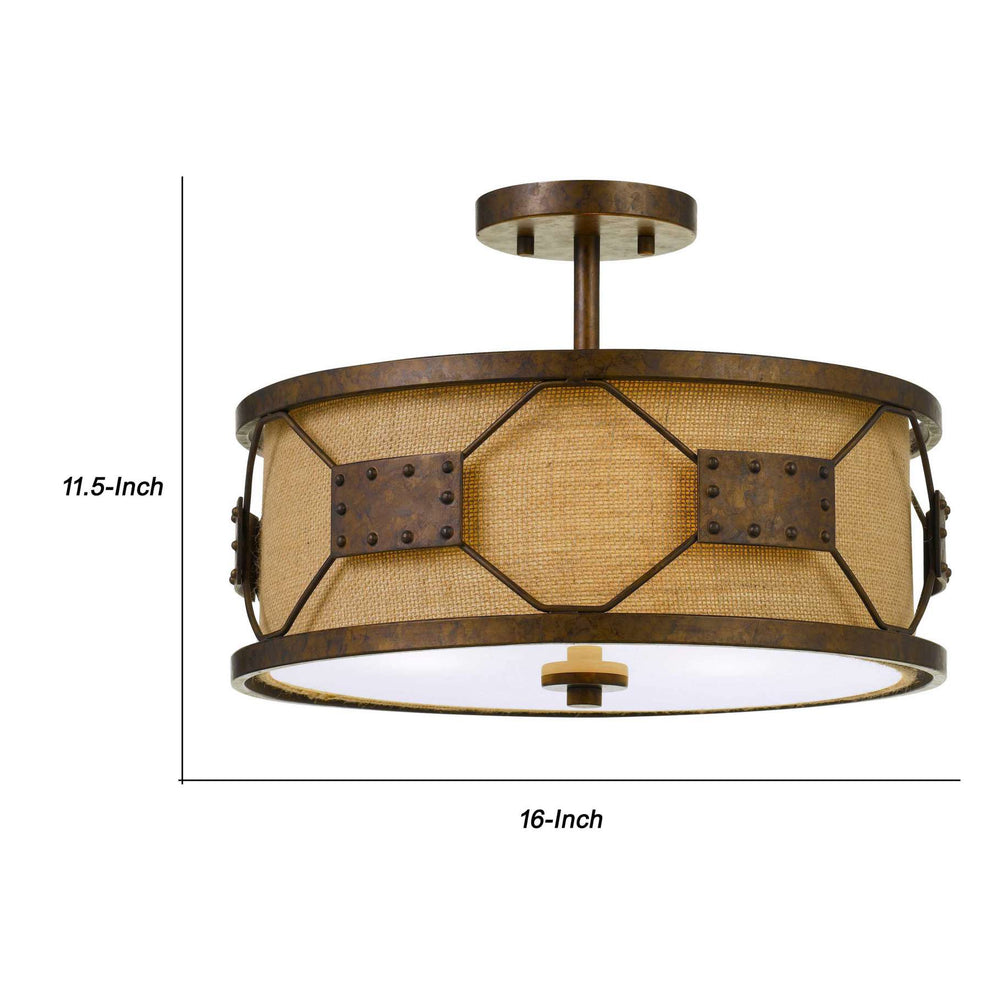 Metal Frame Drum Shade Pendant Fixture With Lattice Design, Rustic Bronze By Benzara | Chandeliers |  Modishstore  - 2