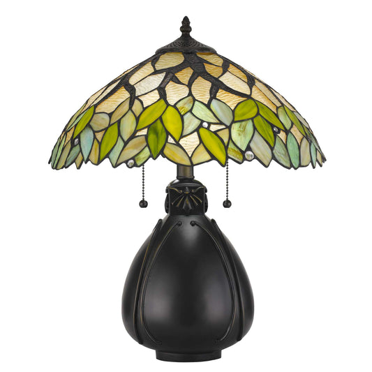 2 Bulb Tiffany Table Lamp With Leaf Design Glass Shade, Multicolor By Benzara | Table Lamps |  Modishstore 