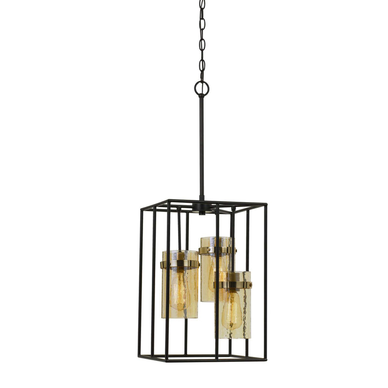 Rectangular Open Cage Design Pendant With Cylindrical Glass Shade, Black By Benzara | Chandeliers |  Modishstore 