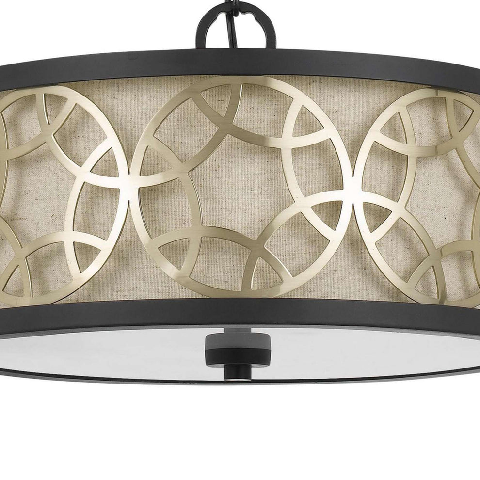 Cylindrical Drum Pendant Chandelier With Lattice Design, Black And Brass By Benzara | Chandeliers |  Modishstore  - 3
