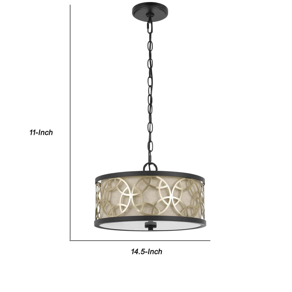 Cylindrical Drum Pendant Chandelier With Lattice Design, Black And Brass By Benzara | Chandeliers |  Modishstore  - 2