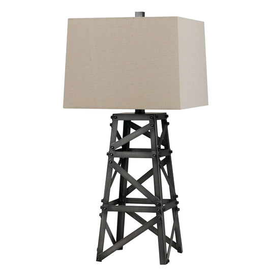Metal Body Table Lamp With Tower Design And Fabric Shade, Gray And Beige By Benzara | Table Lamps |  Modishstore 