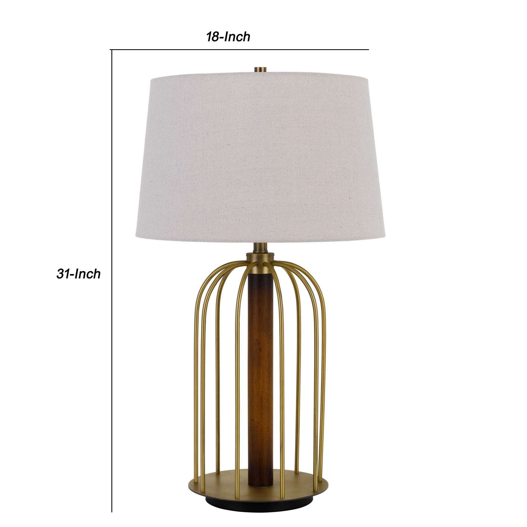 Metal Table Lamp With Cage Design Support With Round Base, White And Brass By Benzara | Table Lamps |  Modishstore  - 2