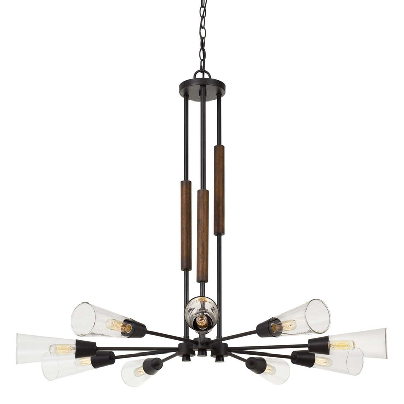 Metal Chandelier With Spoke Design Glass Shade And Wooden Accent, Black By Benzara | Chandeliers |  Modishstore 
