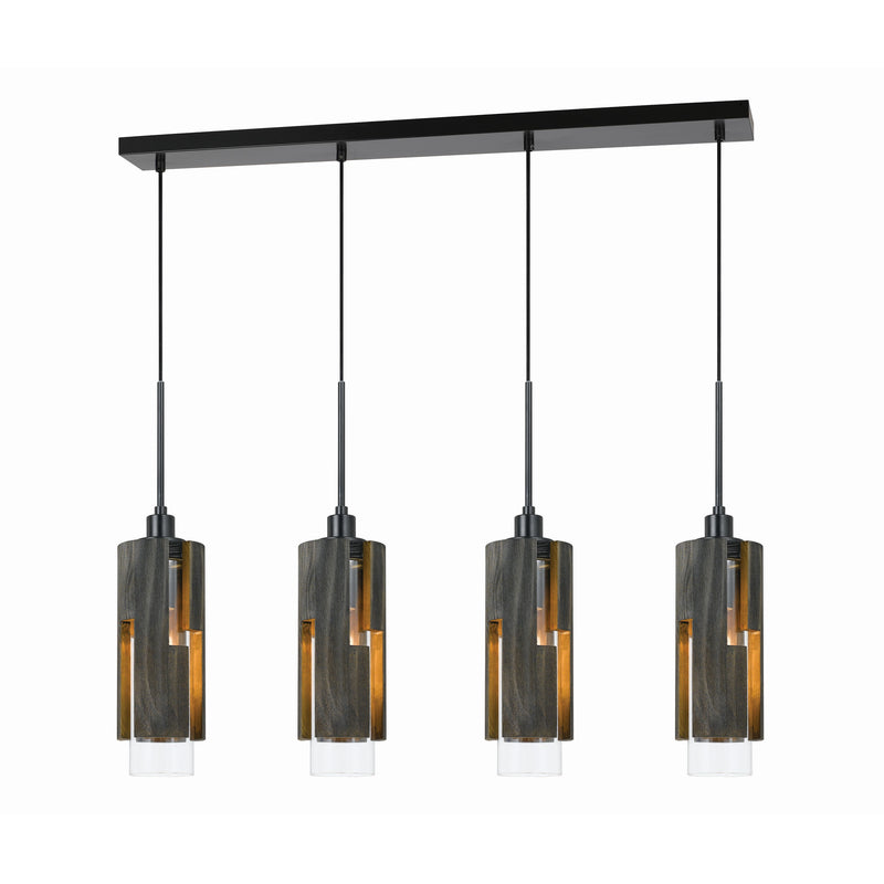 4 Light Metal Frame Pendant Fixture With Wooden And Glass Shades, Gray By Benzara | Chandeliers | Modishstore