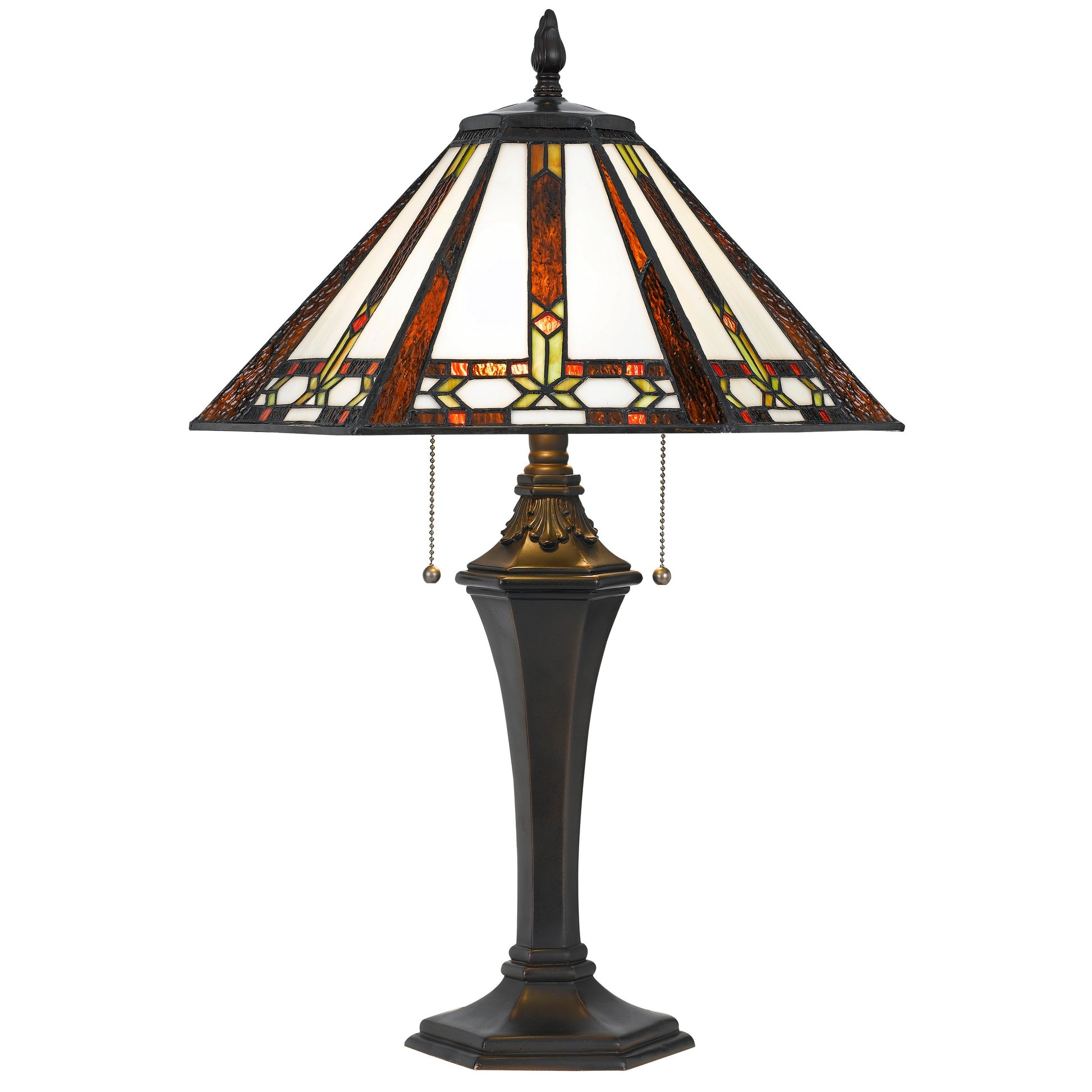 Tiffany Table Lamp With 2 Pull Switches And Resin Pedestal Body, Bronze By Benzara | Desk Lamps | Modishstore
