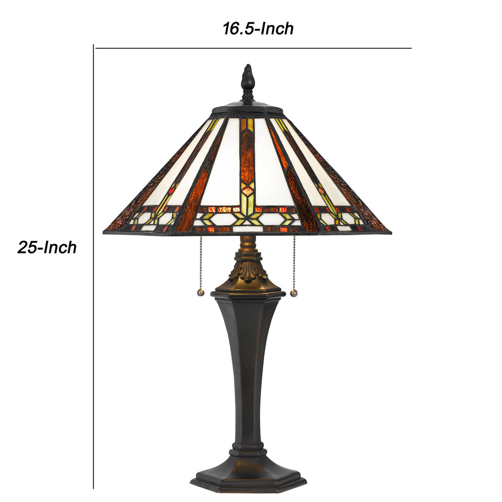 Tiffany Table Lamp With 2 Pull Switches And Resin Pedestal Body, Bronze By Benzara | Desk Lamps | Modishstore - 5