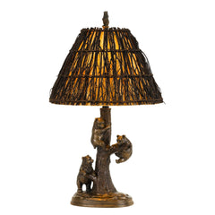 150 Watt Resin Body Table Lamp With Bear Design And Twig Shade, Bronze By Benzara