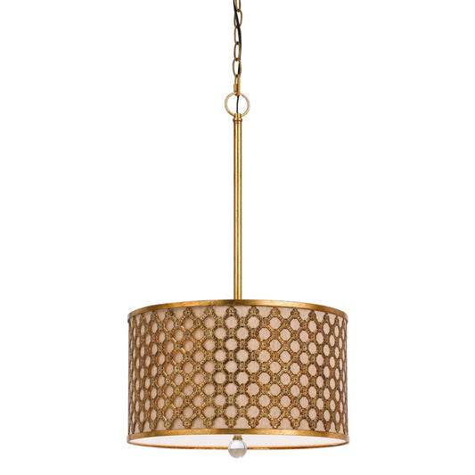 Fabric And Metal Pendant With Geometric And Embossed Floral Design, Gold By Benzara | Chandeliers |  Modishstore 