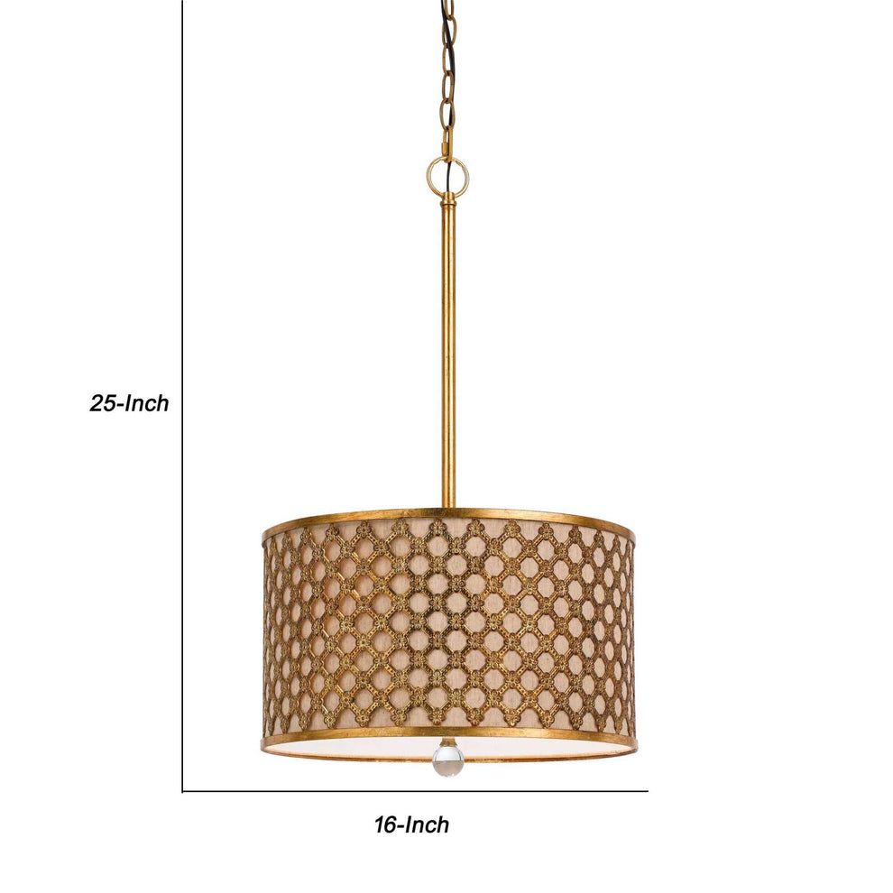 Fabric And Metal Pendant With Geometric And Embossed Floral Design, Gold By Benzara | Chandeliers |  Modishstore  - 2
