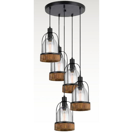 5 Bulb Wind Chime Design Pendant Fixture With Wooden And Glass Shade, Black By Benzara | Chandeliers | Modishstore