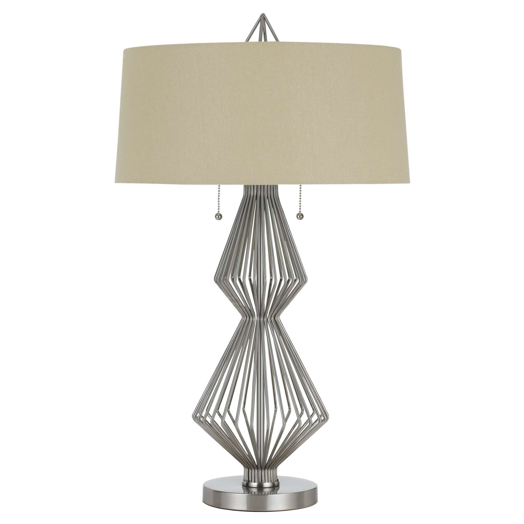 Geometric Body Metal Table Lamp With Fabric Drum Shade, Silver And Beige By Benzara | Table Lamps |  Modishstore 
