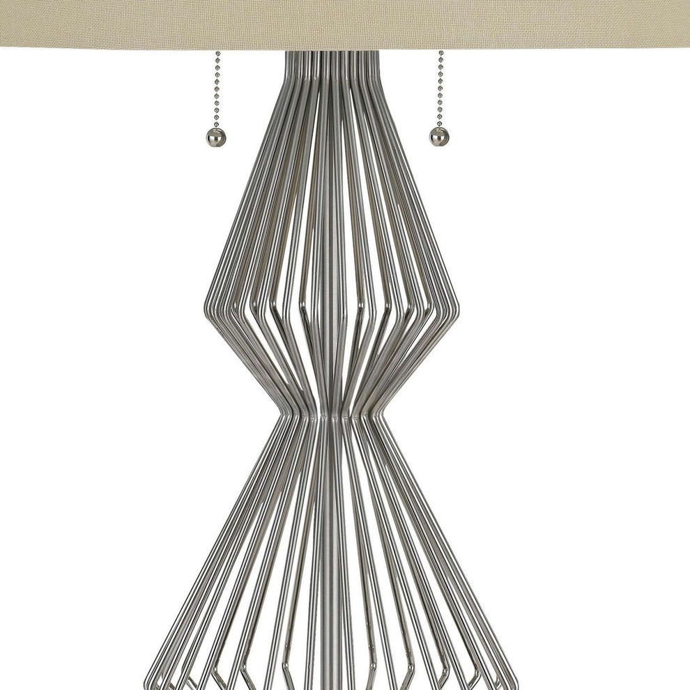 Geometric Body Metal Table Lamp With Fabric Drum Shade, Silver And Beige By Benzara | Table Lamps |  Modishstore  - 4