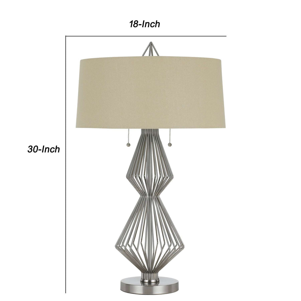 Geometric Body Metal Table Lamp With Fabric Drum Shade, Silver And Beige By Benzara | Table Lamps |  Modishstore  - 2