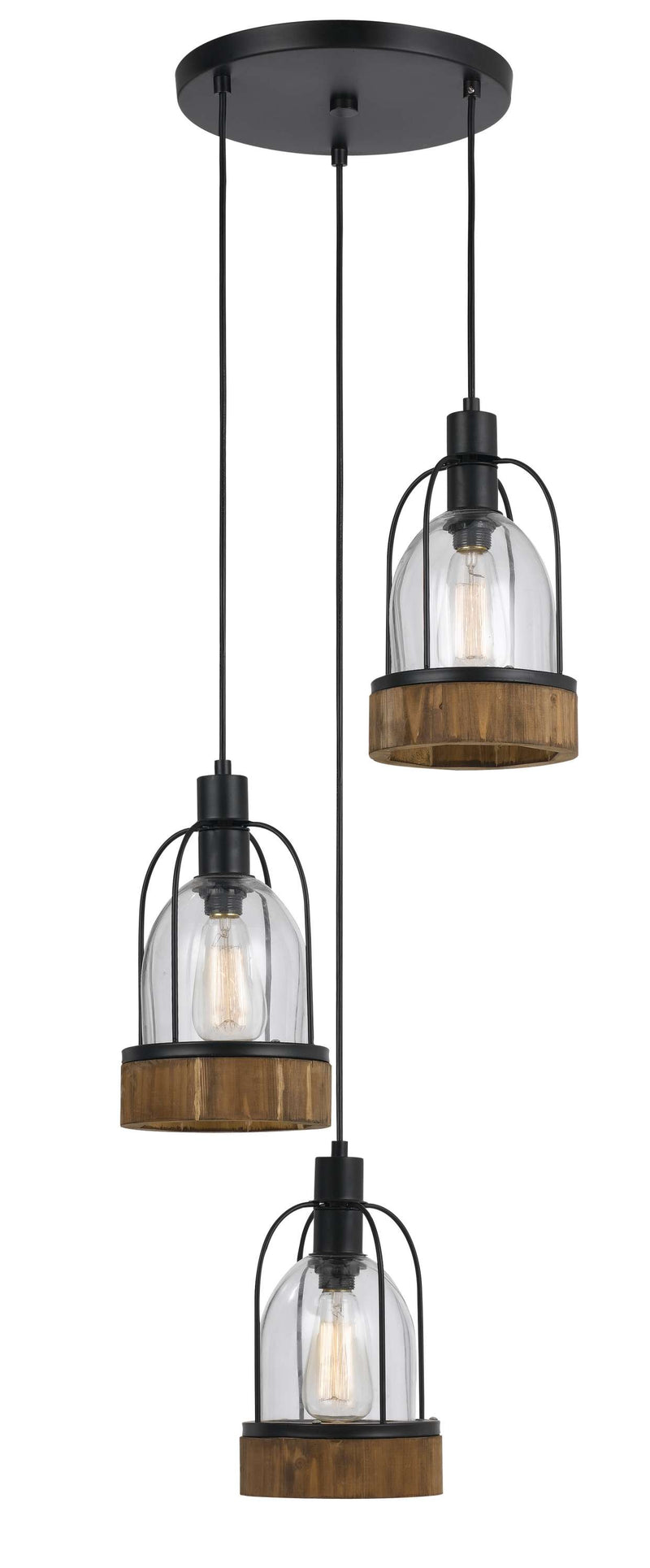 60 X 3 Watt Metal And Wood Pendant With Glass Encasing, Brown And Black By Benzara | Chandeliers |  Modishstore 