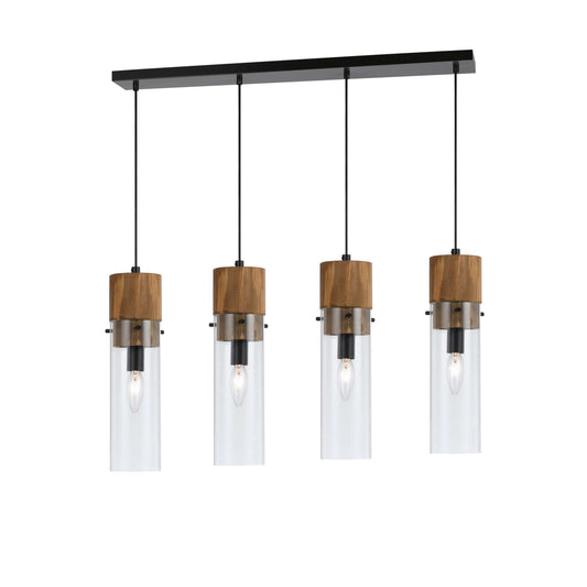 60 X 4 Watt Wood And Metal Fixture With Cylindrical Shades, Brown And Black By Benzara | Pendant Lamps |  Modishstore 
