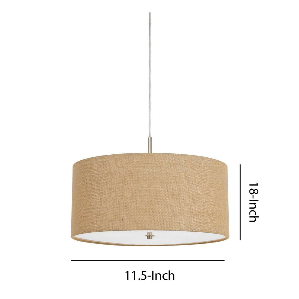 Metal Pendant Lighting With Fabric Circular Drum Shade And Cord, Beige By Benzara | Chandeliers |  Modishstore  - 2