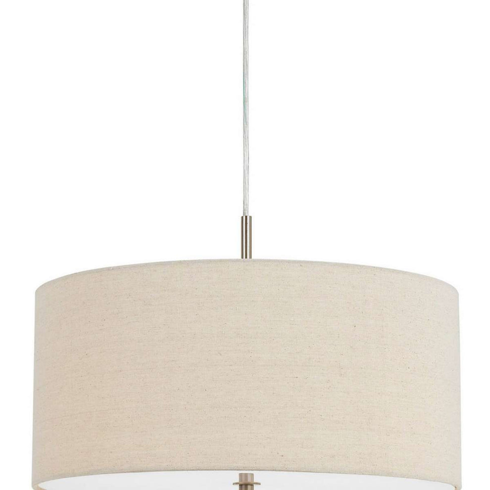 Metal Pendant Lighting With Fabric Circular Drum Shade, Off White By Benzara | Chandeliers |  Modishstore  - 4