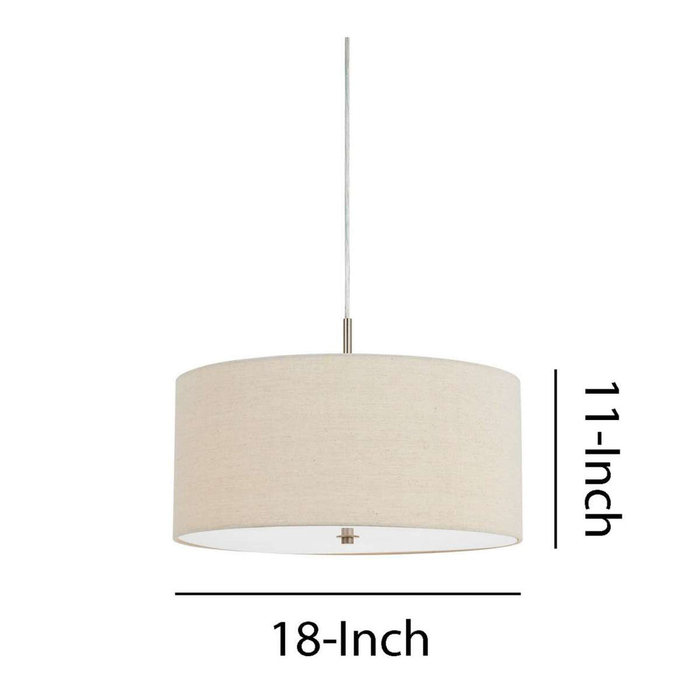 Metal Pendant Lighting With Fabric Circular Drum Shade, Off White By Benzara | Chandeliers |  Modishstore  - 2