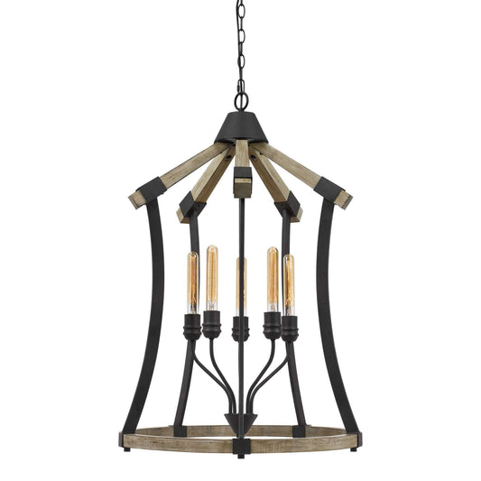 5 Bulb Pendant Fixture With Wooden And Metal Frame, Brown And Black By Benzara | Chandeliers |  Modishstore 