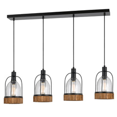 Metal Pendant Fixture With 4 Lantern Design Glass Shade, Black And Clear By Benzara