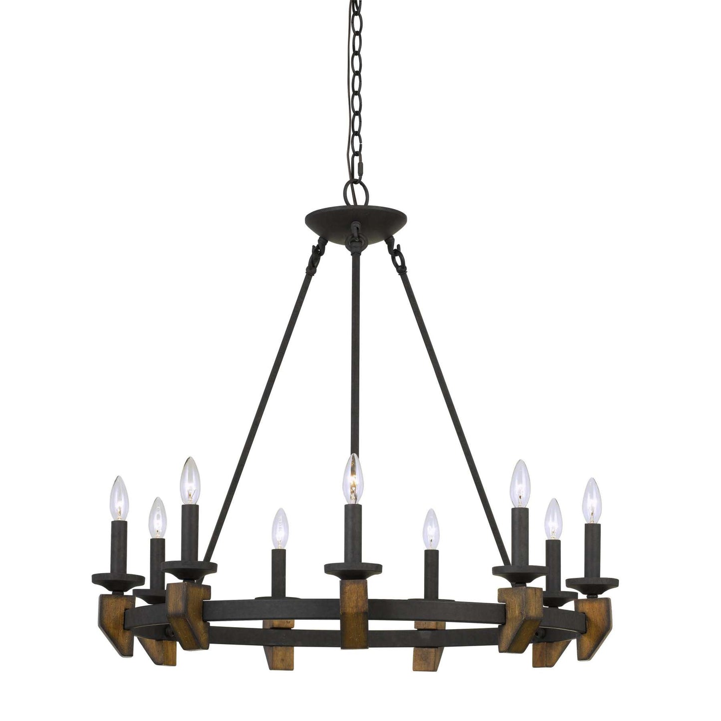 9 Bulb Round Metal Chandelier With Candle Lights And Wooden Accents, Black By Benzara | Chandeliers |  Modishstore 