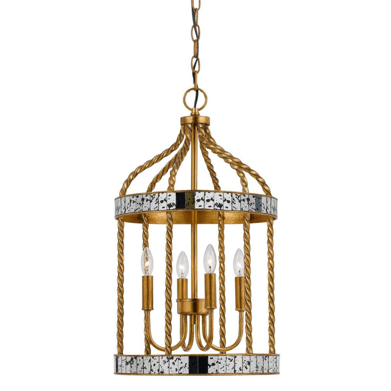 Metal Bird Cage Design Pendant With Woven Rope Pattern, Gold By Benzara | Chandeliers |  Modishstore 
