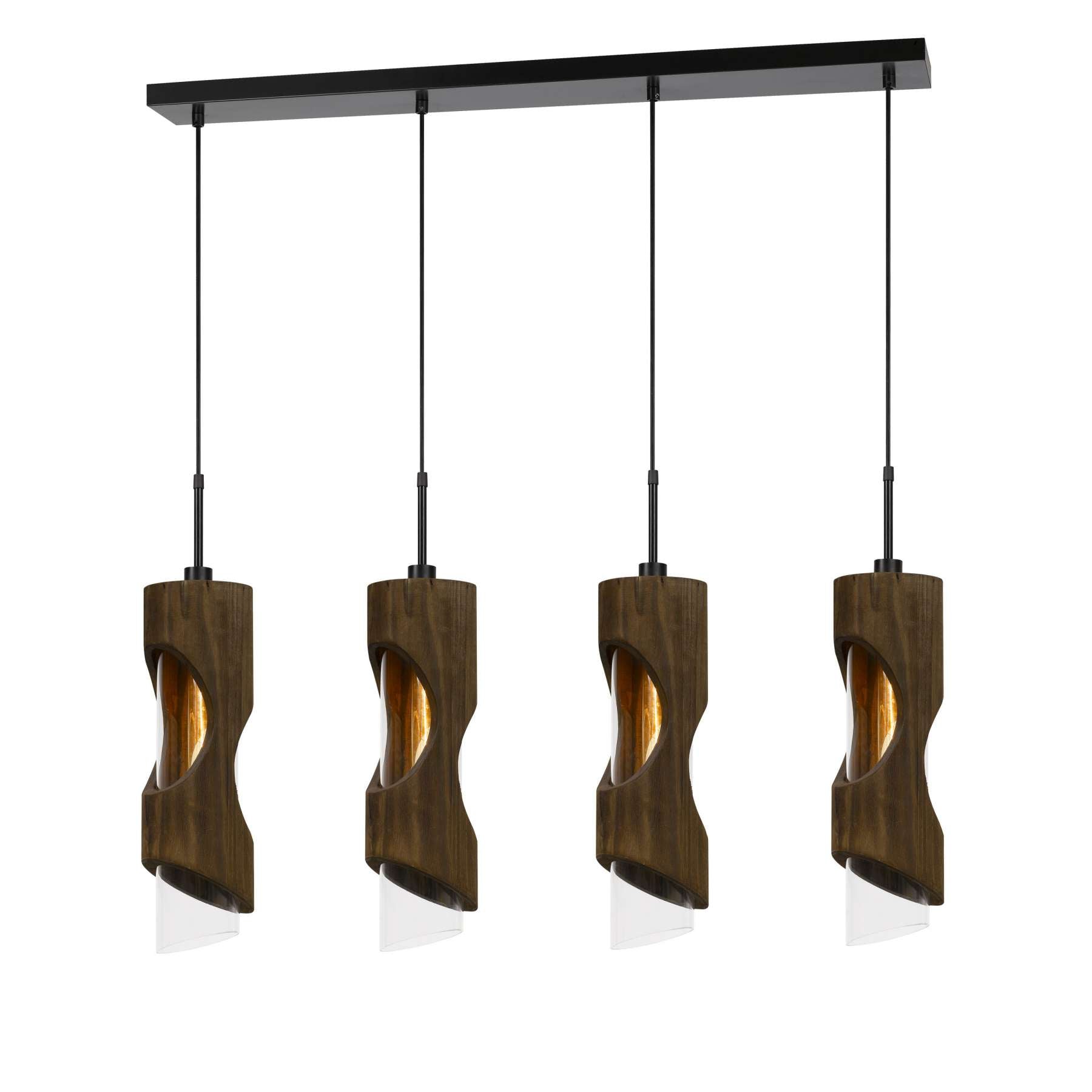 4 Light Metal Frame Pendant Fixture With Wooden And Glass Shades, Brown By Benzara | Chandeliers |  Modishstore 