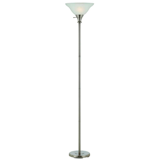 Metal Round 3 Way Torchiere Lamp With Frosted Glass Shade, Silver And White By Benzara | Floor Lamps |  Modishstore 