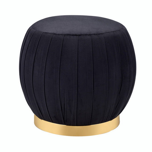 Fabric Upholstered Round Pleated Ottoman With Metal Base, Black And Gold By Benzara | Ottomans | Modishstore