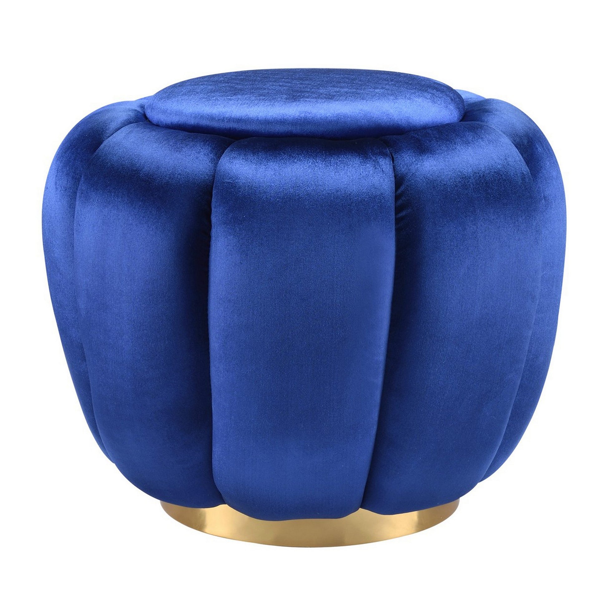 Fabric Channel Tufted Round Ottoman With Metal Base, Blue And Gold By Benzara | Ottomans | Modishstore