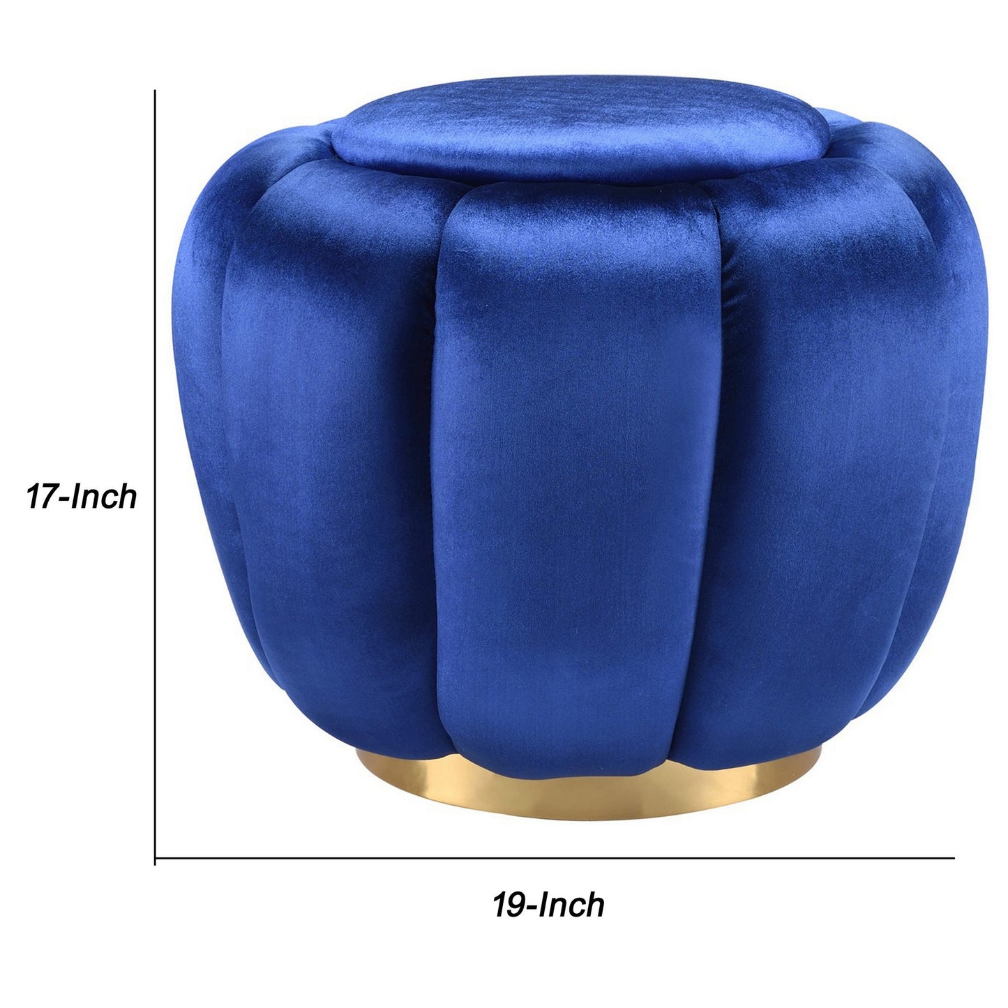 Fabric Channel Tufted Round Ottoman With Metal Base, Blue And Gold By Benzara | Ottomans | Modishstore - 5
