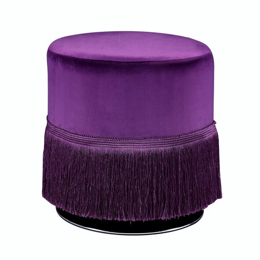 Fabric Upholstered Round Ottoman With Fringes And Metal Base, Purple By Benzara | Ottomans | Modishstore
