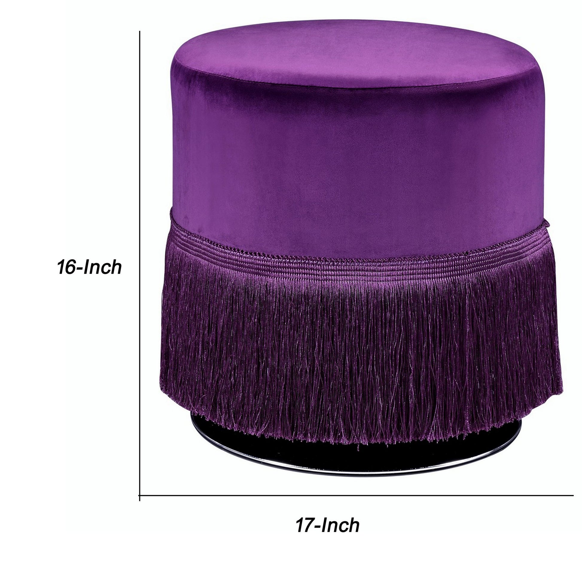 Fabric Upholstered Round Ottoman With Fringes And Metal Base, Purple By Benzara | Ottomans | Modishstore - 5
