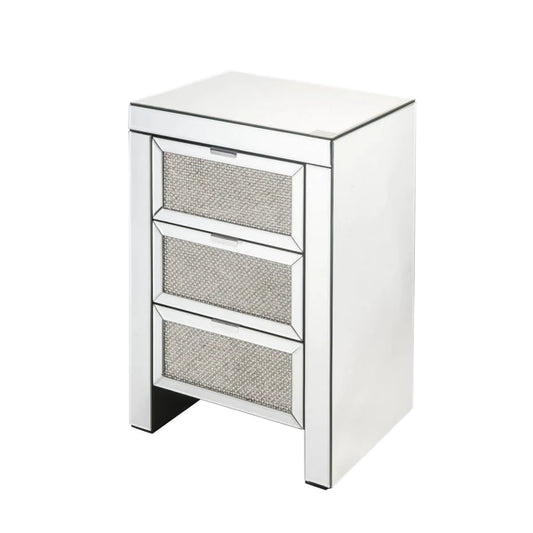 3 Drawer Beveled Mirrored Nightstand With Faux Diamond Inlay, Silver By Benzara