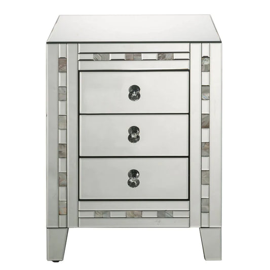 3 Drawer Beveled Mirrored Nightstand With Pearl Inlay, Silver By Benzara
