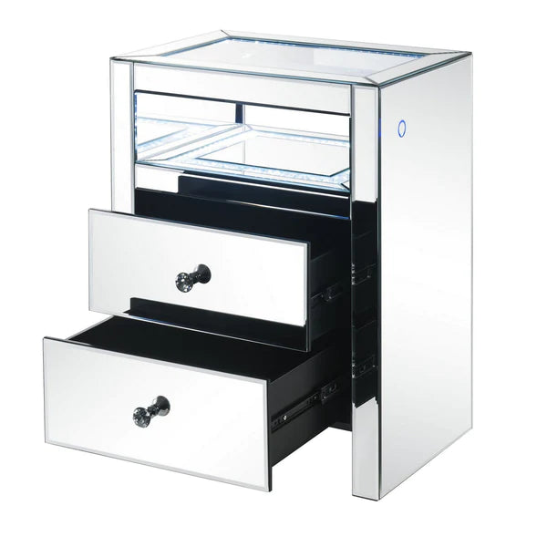 2 Drawer Beveled Mirrored Nightstand With Glass Top And Led, Silver By Benzara