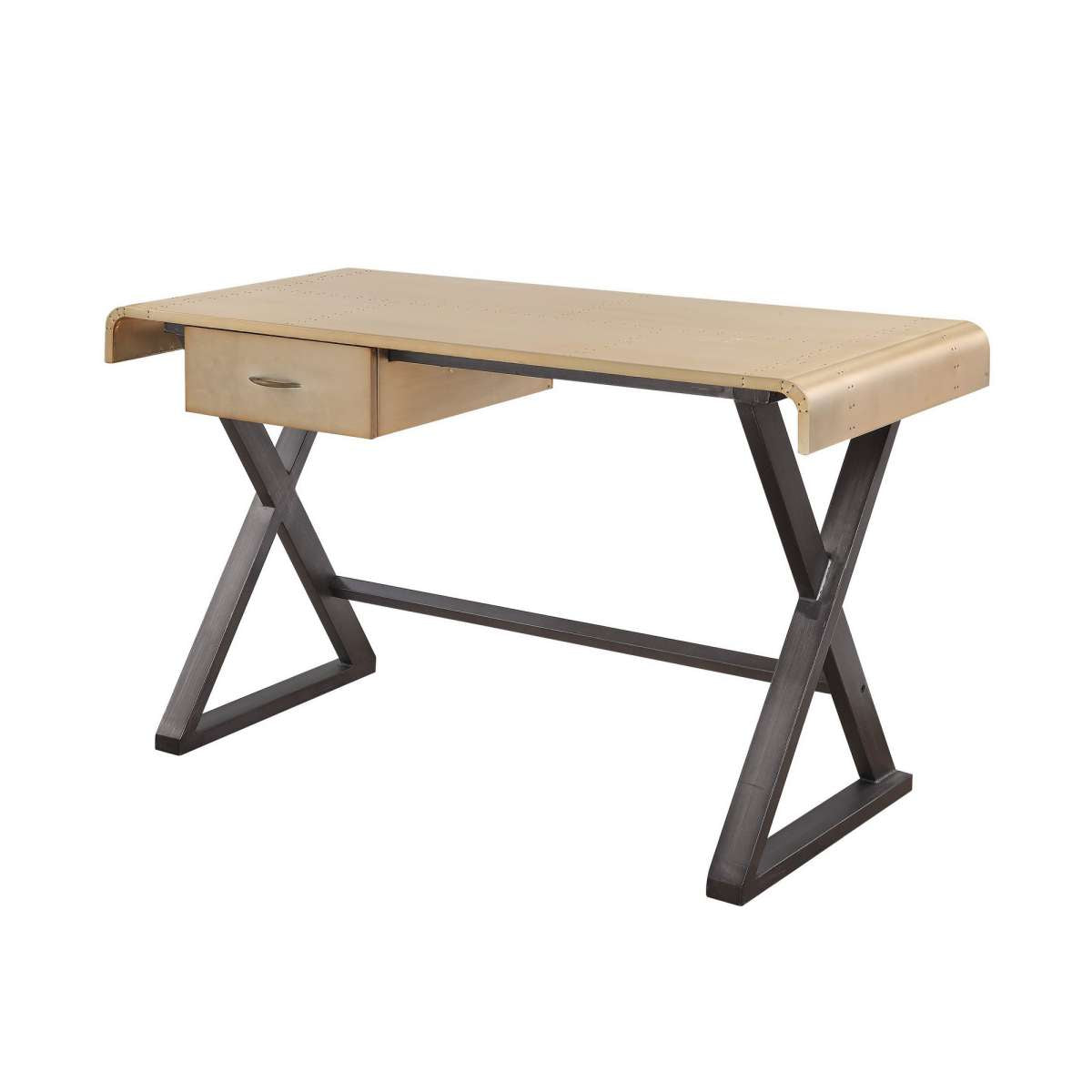 Aluminum Patchwork Rectangular Desk With X Trestle Base, Gold And Black By Benzara | Desks |  Modishstore  - 2