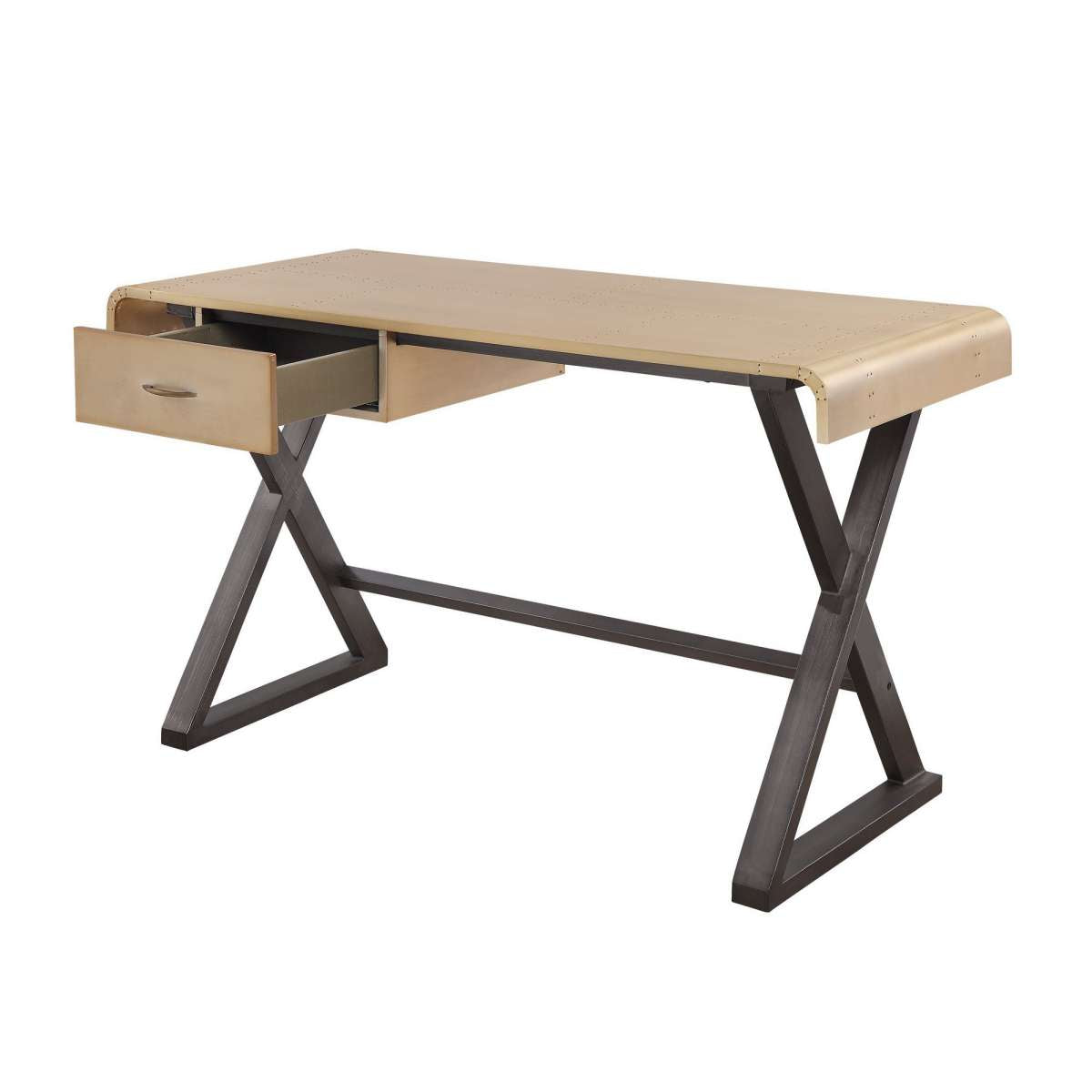 Aluminum Patchwork Rectangular Desk With X Trestle Base, Gold And Black By Benzara | Desks |  Modishstore  - 5