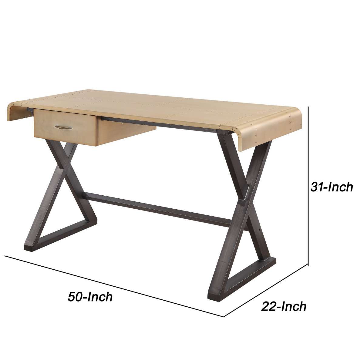 Aluminum Patchwork Rectangular Desk With X Trestle Base, Gold And Black By Benzara | Desks |  Modishstore  - 3