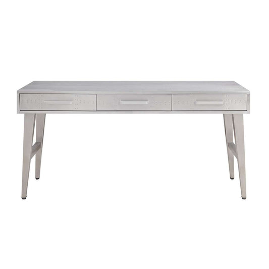 3 Drawer Metal And Wood Rectangular Desk With Aluminum Patchwork, Silver By Benzara | Desks |  Modishstore 