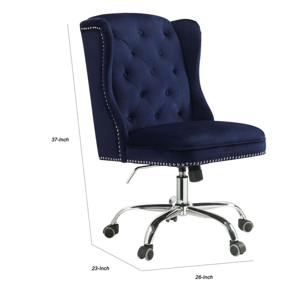 Velvet Upholstered Armless Swivel And Adjustable Tufted Office Chair, Blue By Benzara | Office Chairs |  Modishstore  - 3