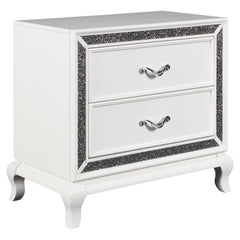 Wooden Nightstand With Faux Crystal Accents And 2 Drawers White By Benzara