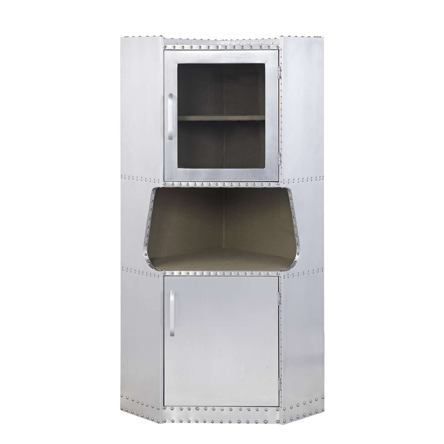 2 Door Aluminum Cabinet With Open Compartment And Rivet Accents, Silver By Benzara | Cabinets |  Modishstore  - 5