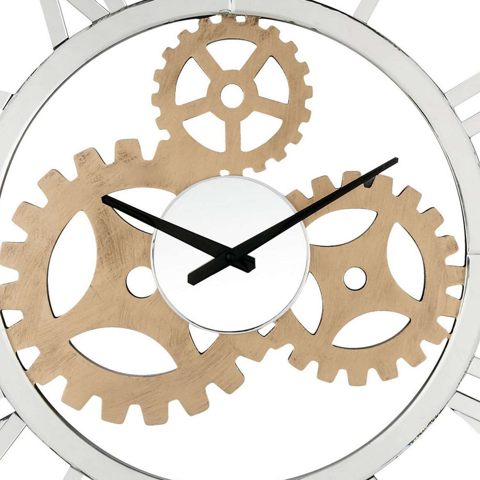 Round Mirror Panel Open Frame Wall Clock With Gear Design, Silver By Benzara | Clocks |  Modishstore  - 3