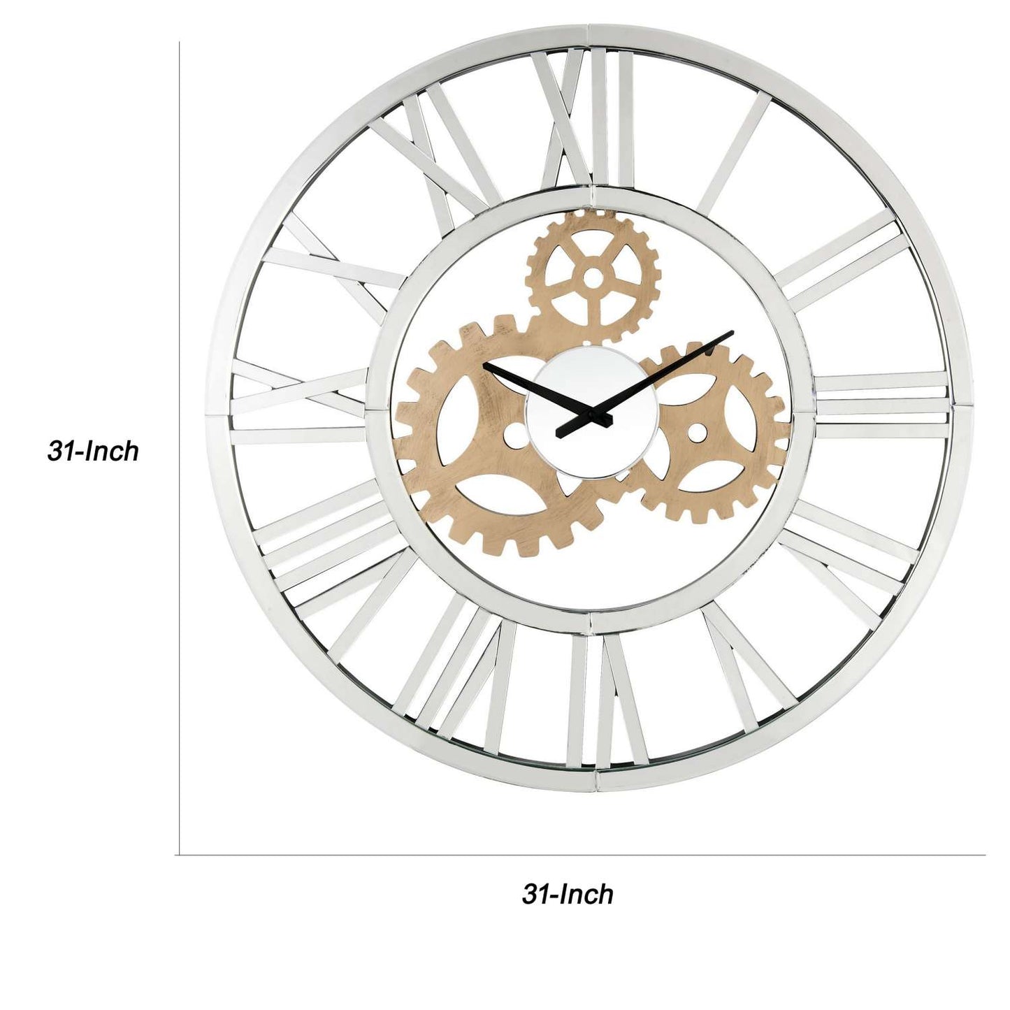 Round Mirror Panel Open Frame Wall Clock With Gear Design, Silver By Benzara | Clocks |  Modishstore  - 2